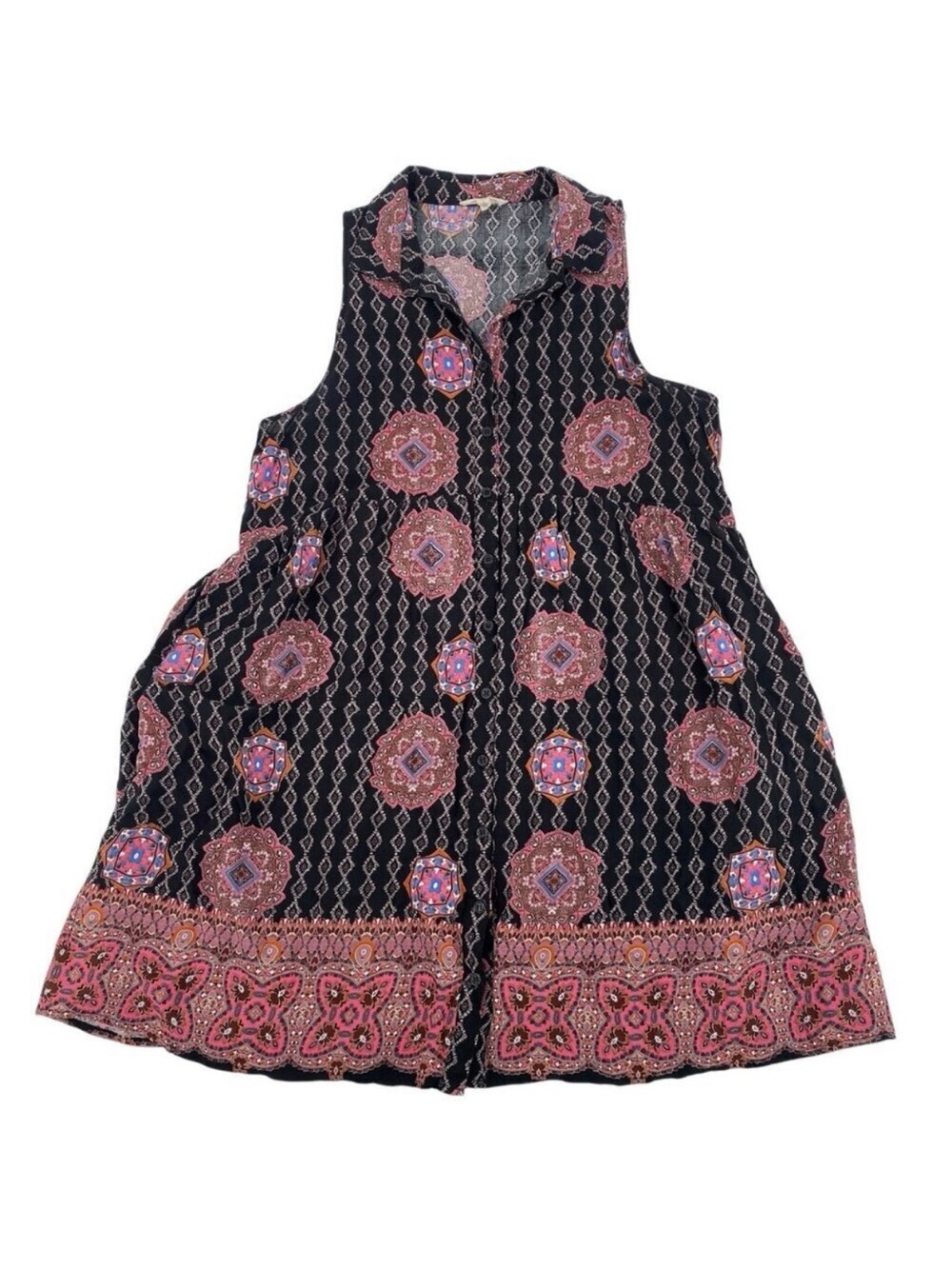 Entro Dress Size L Sleeveless Bohemian Paisley Floral Button Tunic mini